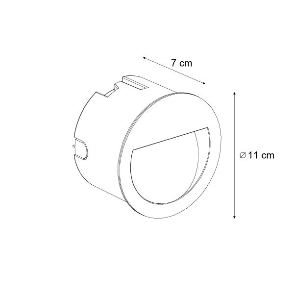 Technische Zeichnung einer runden Wandeinbauleuchte mit Maßen Durchmesser 11 Zentimeter und Tiefe 7 Zentimeter.