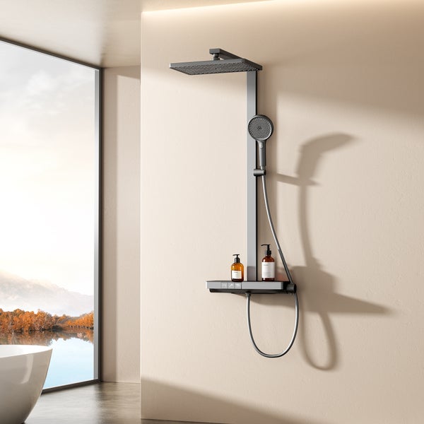 EMKE Duschsystem mit Thermostat, Duschsäule mit 40 cm thermostatischer Glasplatte, höhenverstellbarer Brausestange, Handbrause mit 4 Strahlarten & Wasserauslass, Anthrazit Matt