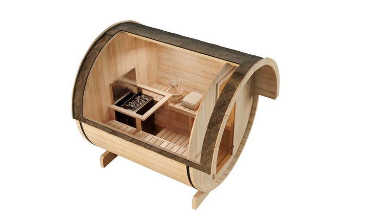FinnTherm Fasssauna Samantha Fasssauna 2 Sitzbänke aus Holz, Sauna mit 42 mm Wandstärke, Außensauna mit Montagematerial, Naturbelassen