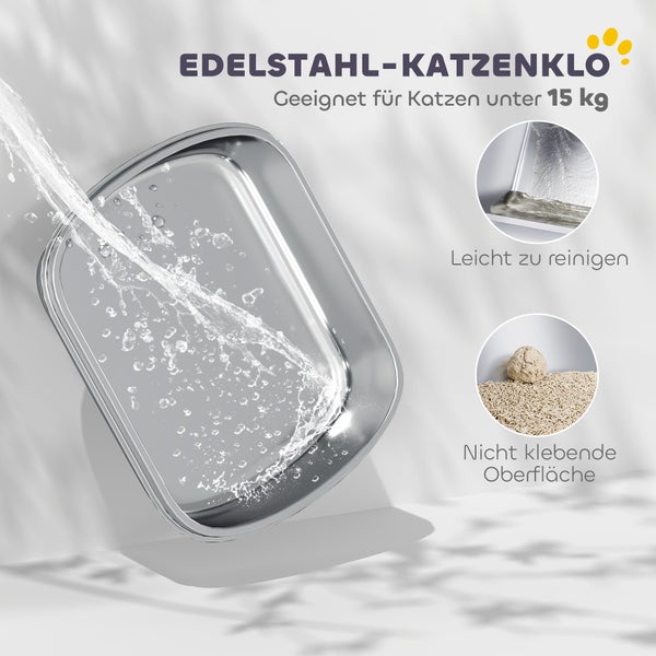 Edelstahl-Katzenklo für Katzen bis 15 Kilogramm, leicht zu reinigen durch abweisende Oberfläche.