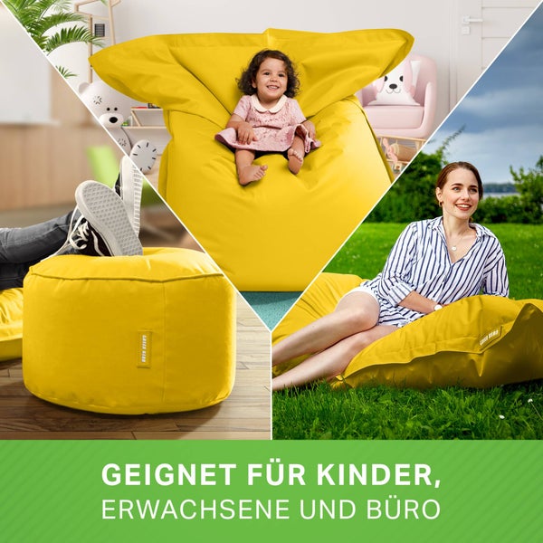 Green Bean 2er Set XXL Sitzsack inkl. Pouf fertig befüllt mit EPS-Perlen - Riesensitzsack 140x180 Lounge Sitz-Kissen Bean-Bag Chair  - Gelb
