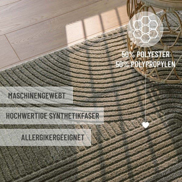 Maschinengewebter Teppich aus 50 Prozent Polyester und 50 Prozent Polypropylen, hochwertige Synthetikfaser, für Allergiker geeignet.