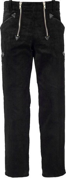 Zunfthose aus schwarzem Cord mit zwei Reißverschlüssen und verstärkten Taschenabschlüssen.