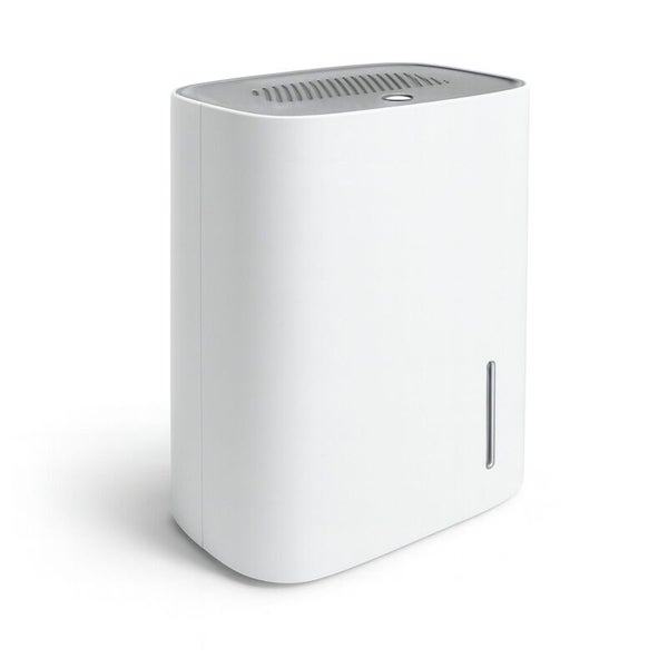 Weißer Luftentfeuchter mit abgerundeten Ecken und Sichtfenster für den Wasserstand.