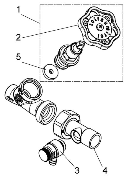 Technische Zeichnung eines totraumfreien Schrägsitzventils mit nummerierten Einzelteilen wie Handrad, Ventiloberteil, Dichtung und Entleerungsventil.