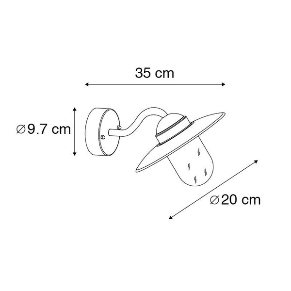 Technische Zeichnung einer Wandleuchte mit Maßen: Wandhalterung Durchmesser 9,7 Zentimeter, Länge 35 Zentimeter, Schirm Durchmesser 20 Zentimeter.
