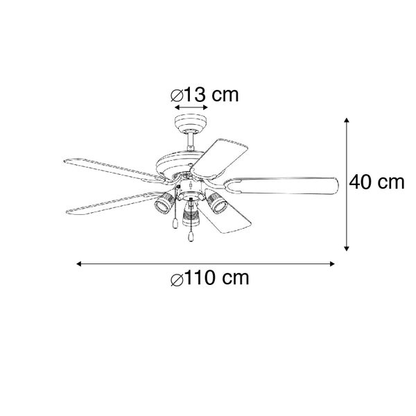 Strichzeichnung eines Deckenventilators mit Beleuchtung mit Maßangaben von 110 Zentimeter Durchmesser und 40 Zentimeter Höhe