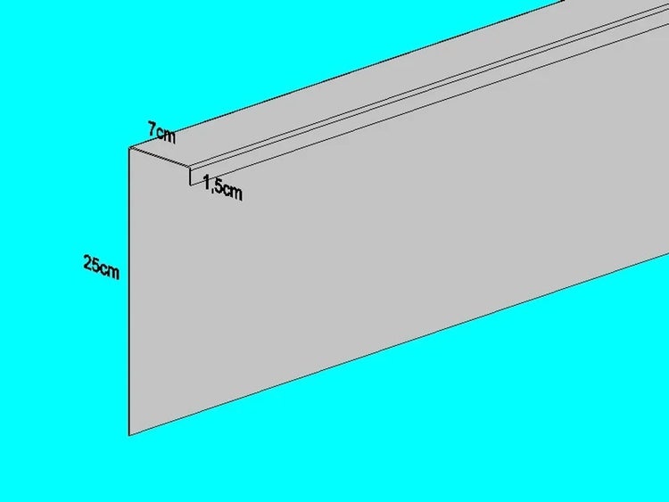 Graues Bauprofil mit Maßen 25 Zentimeter Höhe, 7 Zentimeter Tiefe und 1,5 Zentimeter Einkerbung.