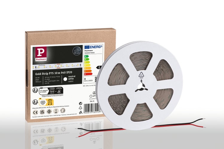 Paulmann LED-Streifen Gold Strip P75, 10 Meter, neutralweiß, Schutzart IP20, inklusive Verpackung und Energieeffizienzlabel.