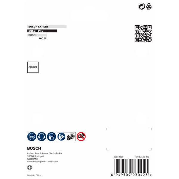 Bosch Produktinformationen mit Produktdetails, Sicherheitshinweisen und Barcode