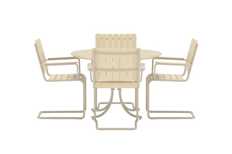 Gartenmöbel-Set bestehend aus einem runden Tisch und vier Freischwinger-Stühlen mit Armlehnen und Latten-Optik.