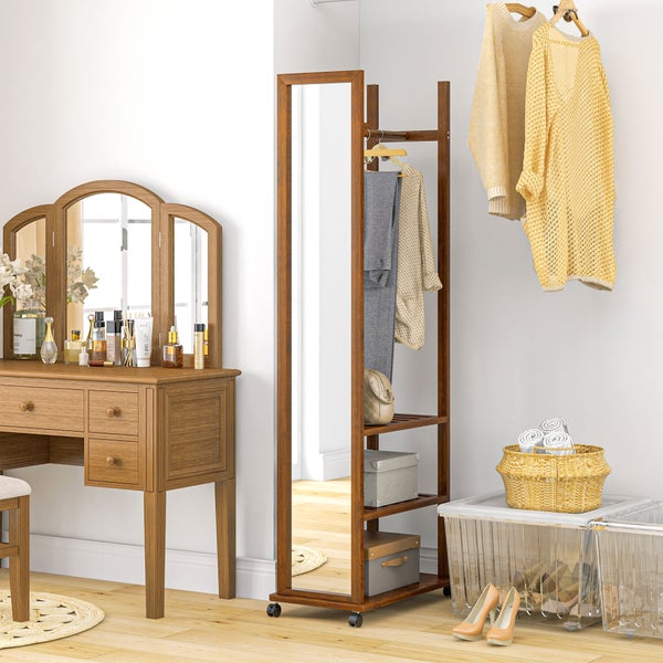 HOMCOM Standspiegel mit Rollen, Garderobenspiegel mit Ständer, Ganzkörperspiegel mit 3 Ebenen, 24,8 x 153,8 cm Garderobe, Kleiderstange, für Schlafzimmer und Wohnzimmer, Walnuss