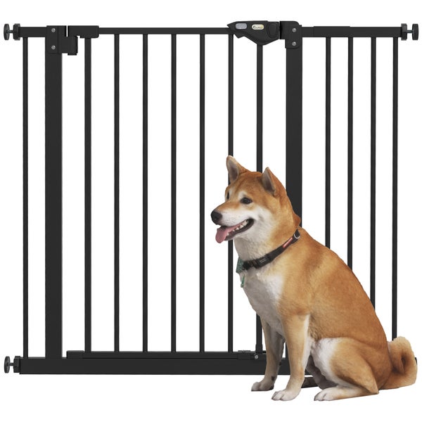 PawHut Türschutzgitter Hunde, Absperrgitter, 74-94 cm, Treppenschutzgitter für Haustier, Hundegitter inkl. Verlängerung, Schutzgitter ohne Bohren, Metall, Kunststoff, Schwarz