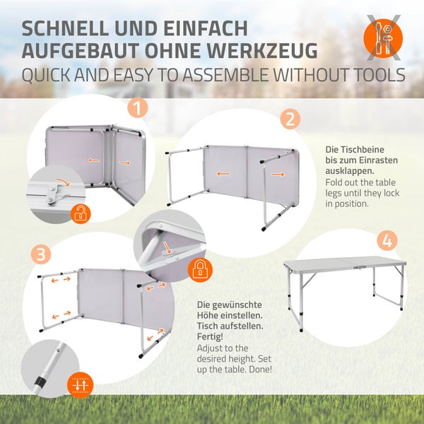 ECD Germany Alu Campingtisch Klapptisch, höhenverstellbar 120x60x54-70 cm, Grau, HDPE-Platte, klappbar, tragbar, leicht, Falttisch mit Griff, Koffertisch Gartentisch Reisetisch Balkontisch Esstisch