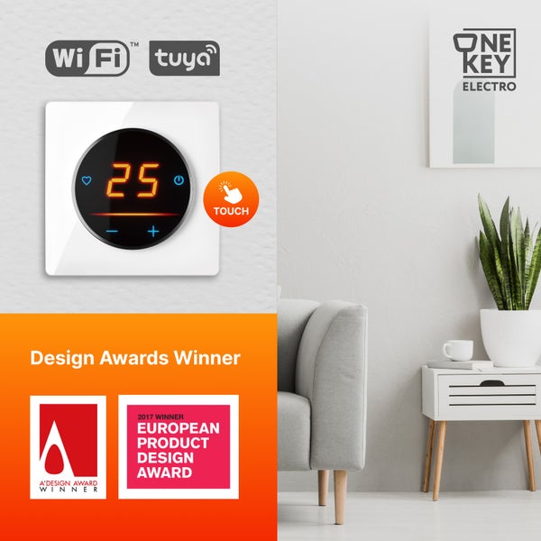 Smartes Thermostat mit Touchfunktion, WiFi und Designauszeichnungen in Wohnraumumgebung