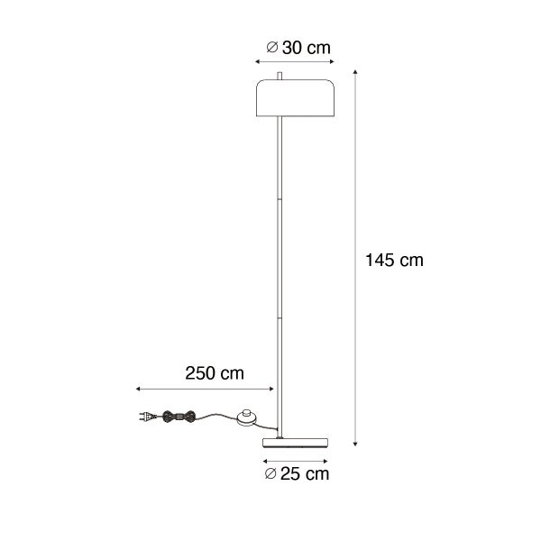 Technische Zeichnung einer Stehlampe mit den Maßen 145 Zentimeter Höhe, 30 Zentimeter Lampenschirmdurchmesser, 25 Zentimeter Fußdurchmesser und 250 Zentimeter Kabellänge.