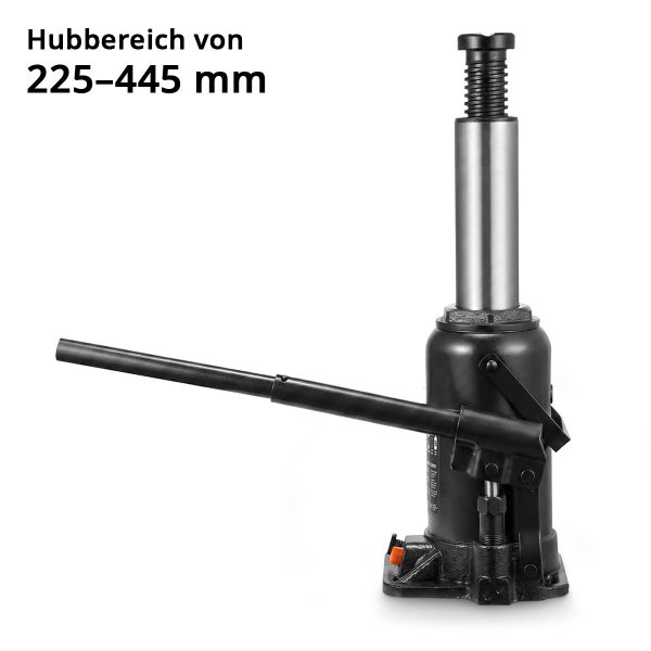 Schwarzer Stempelwagenheber aus Metall mit einem Hubbereich von 225 bis 445 Millimeter.