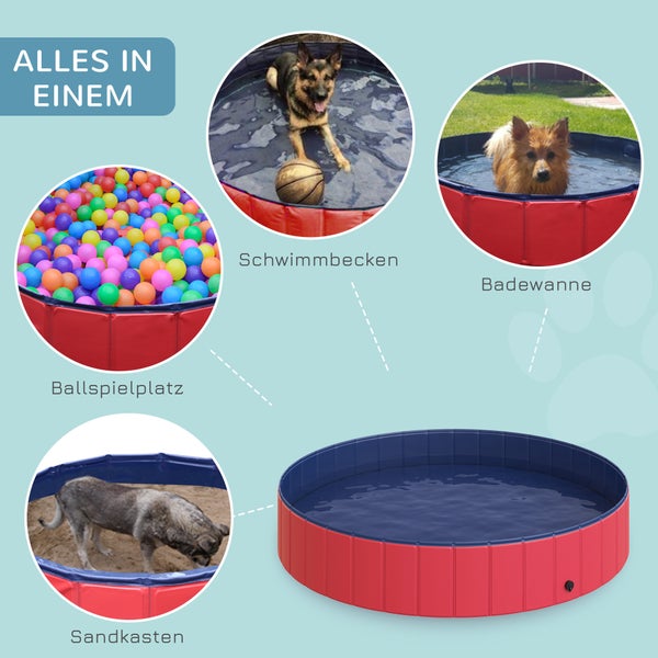 Vielseitiger, faltbarer Hundepool, nutzbar als Bällebad, Schwimmbecken, Badewanne oder Sandkasten für Haustiere.