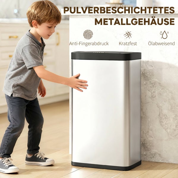 Kind berührt pulverbeschichteten Metallmülleimer mit Anti-Fingerabdruck, kratzfester und ölabweisender Oberfläche in einer Küche.