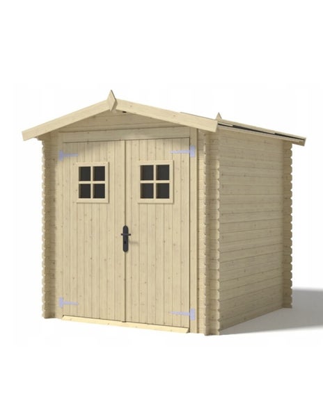 Gartenhaus aus Holz mit Satteldach und Doppeltür mit zwei Fenstern als Geräteschuppen