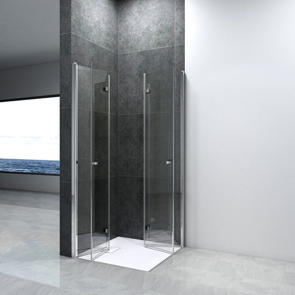 Eckdusche mit Drehtür und Duschtasse im Badezimmer