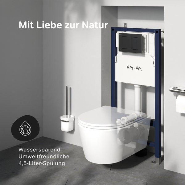 Wand-WC mit Vorwandelement, Unterputzspülkasten und wassersparender 4,5 Liter Spültechnik von AM PM in einem modernen Badezimmer.