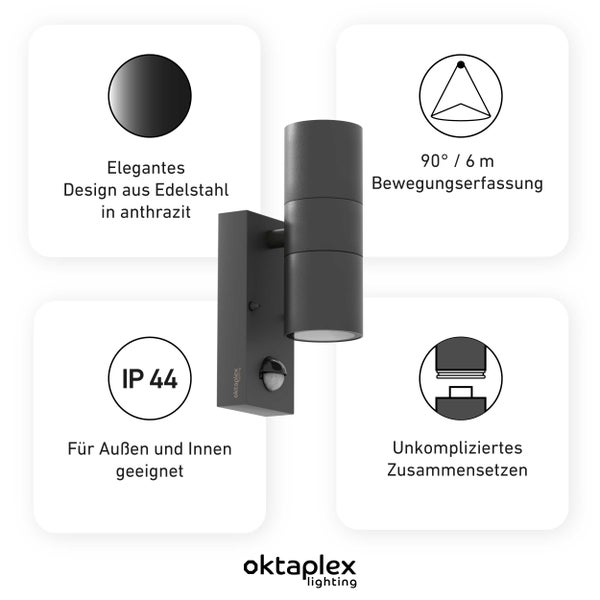 Oktaplex Chile Wandlampe mit Bewegungsmelder Edelstahl 2xGU10 Fassung anthrazit