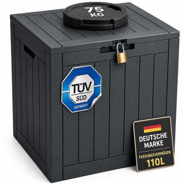 Gartenbox mit 110 Liter Fassungsvermögen, belastbar bis 75 Kilogramm, abschließbar, TÜV Süd geprüft, deutsche Marke.