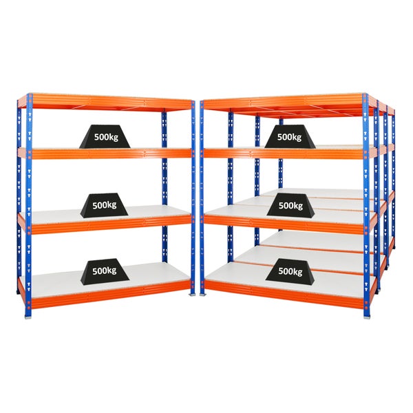 PROREGAL Mega Deal 4x Profi Schwerlastregal Rhino HxBxT 180 x 160 x 60 cm 4 Melamin-Ebenen 16mm Fachlast 500 kg Blau-Orange