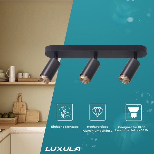 Schwarze Luxula Deckenleuchte mit drei Strahlern und Symbolen für einfache Montage, hochwertiges Aluminiumgehäuse und geeignet für GU10 Leuchtmittel bis 35 Watt