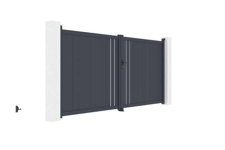 Flügeltor 3,5 m GIONA H.180 graues Aluminium + 2 Pfosten 20x20 cm H.190 cm
