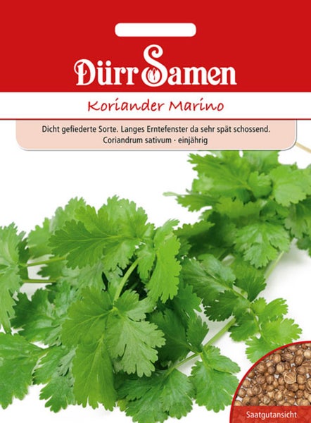 Dürr Samen Logo. Samentüte Koriander Marino mit Abbildung von Korianderblättern und Saatgut.