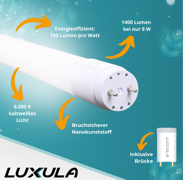 Luxula LED Röhre mit 1400 Lumen und 9 Watt, inklusive Brücke
