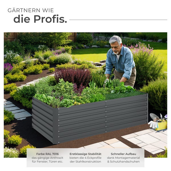 Hochbeet mit Bepflanzung und arbeitendem Gärtner im Garten