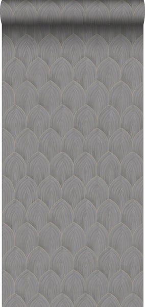 Graue Tapete mit stilisiertem Federdesign