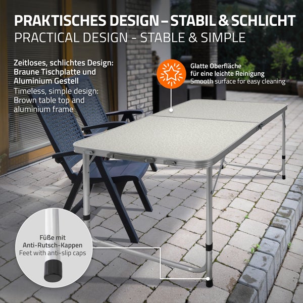 ECD Germany Campingtisch Klapptisch mit Tragegriff 120x60x55/63/70 cm Weiß Creme aus Aluminium und MDF - höhenverstellbar, klappbar - Falttisch Gartentisch Balkontisch Reisetisch Arbeitstisch Tisch