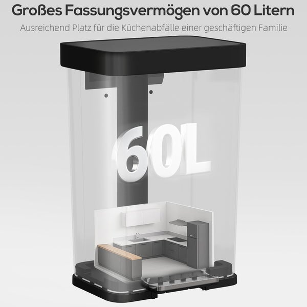 HOMCOM Mülleimer Küche 60 L Treteimer mit Soft-Close-Deckel, Offenhaltefunktion und Pedal Abfalleimer mit Fächer für Deodorant Abfallsammler, Edelstahl, Silber, 44 x 36 x 66,5 cm