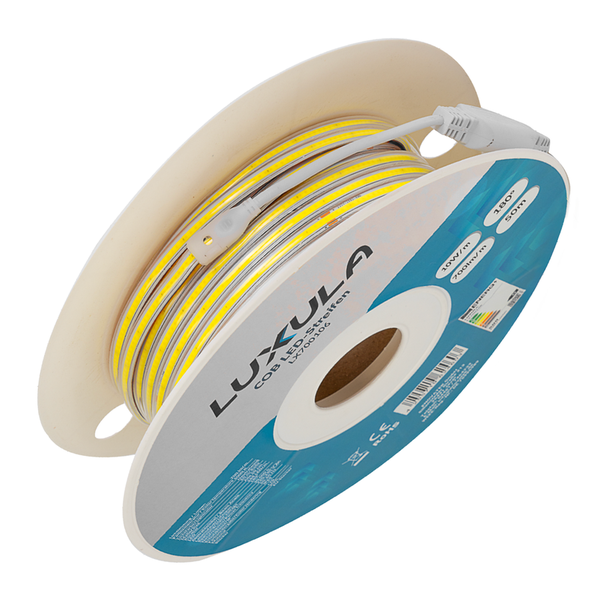Luxula COB LED-Streifen auf Rolle, 50 Meter Länge, 10 Watt pro Meter, 700 Lumen pro Meter, Abstrahlwinkel 180 Grad.