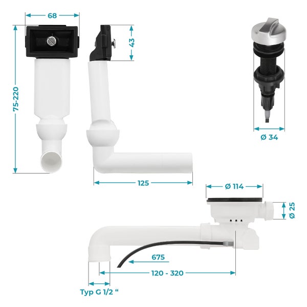 Calmwaters® Siebkorbventil für Küchenspülen | mit Bowdenzug und Überlauf | Gewinde unten in 1 1/2 | Raumsparablaufbogen | Ø 114 mm | Chrom | 31PM3125