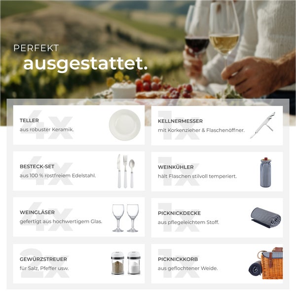 Picknickkorb tectake Rügen inkl. 20-teiliges Geschirrset, Kellnermesser, Gewürzstreuer und Weinkühler für 4 Personen, mit Picknickdecke braun