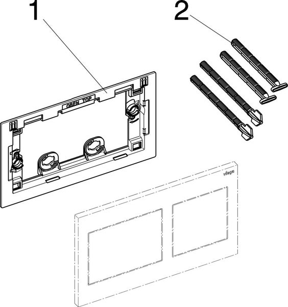 Technische Zeichnung von Befestigungsrahmen und vier Betätigungsbolzen für eine Betätigungsplatte, Viega Logo.