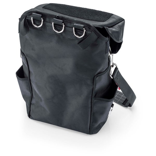 Schwarze Werkzeugtasche mit mehreren Fächern und Tragegurt.