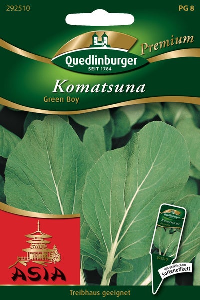 Quedlinburger Samentüte Komatsuna Green Boy, Asia-Serie, für das Treibhaus geeignet, inklusive Sortenetikett.