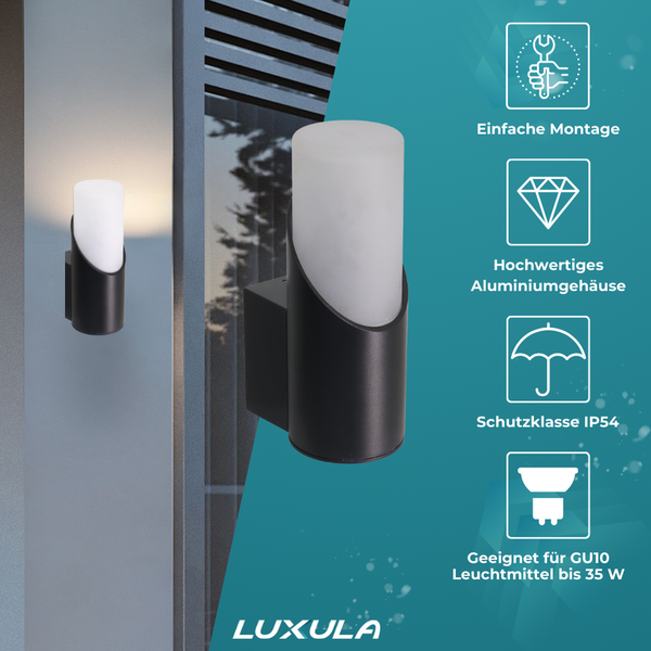 Außenwandleuchte aus Aluminium, Schutzklasse IP54, einfache Montage, geeignet für GU10 Leuchtmittel bis 35 Watt, Luxula Logo.