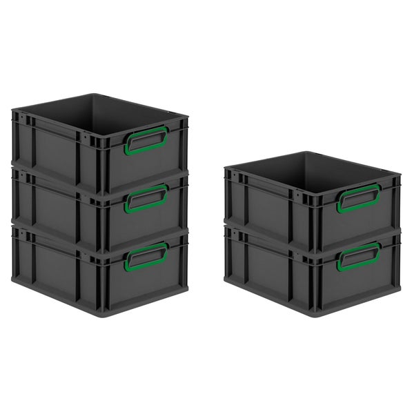 PROREGAL SparSet 5x Eurobox NextGen Color, HxBxT 17x30x40cm, 16 Liter, Griffe grün geschlossen, Schwarz, Eurobehälter, Transportbox, Transportbehälter, Stapelbehälter