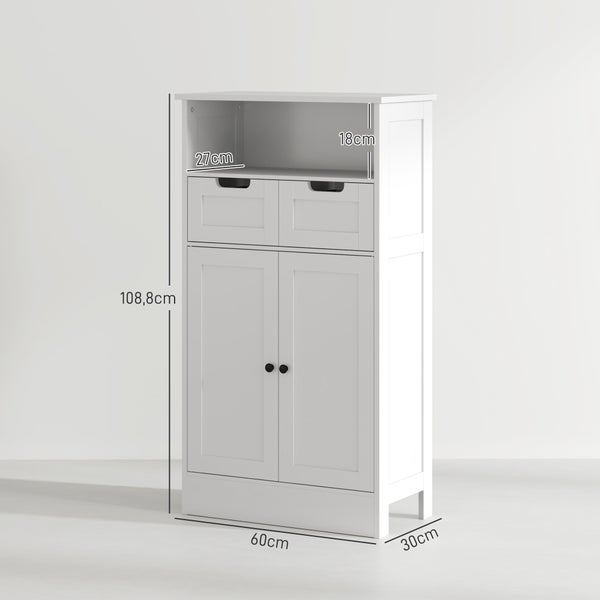 kleankin Badezimmerschrank Badschrank Hochschrank mit verstellbar Ablage, 2 Schubladen, 2 Türen, Schrank Aufbewahrungsschrank für Badezimmer, Wohnzimmer 60 x 30 x 108,8 cm Weiß