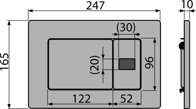Maßzeichnung einer Toiletten-Betätigungsplatte mit Abmessungen in Millimetern: Breite 247, Höhe 165 und Tiefe 10.
