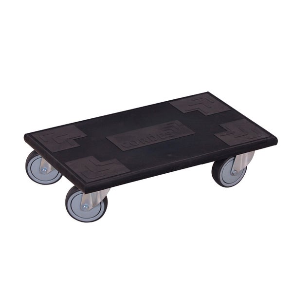 Rollbrett mit rechteckiger Plattform, vier Lenkrollen und Antirutschbelägen. Cordes Logo.