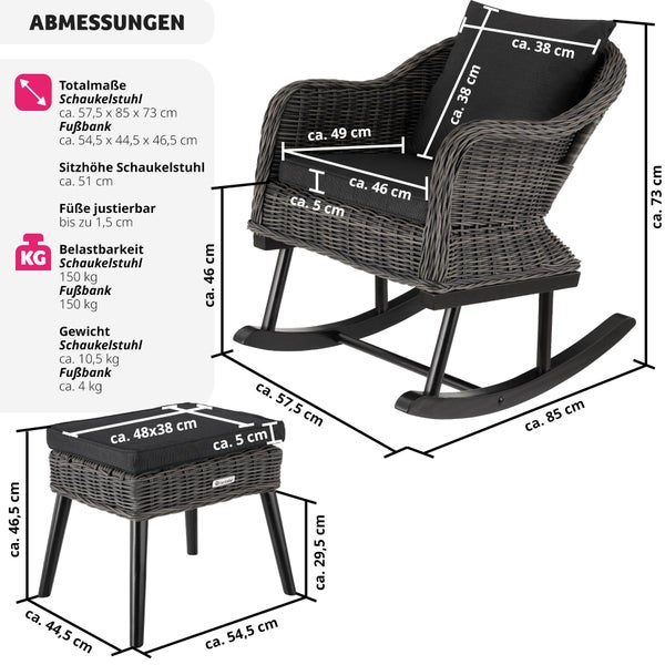 Rattan Schaukelstuhl Rovigo mit Fußbank Vibo tectake  höhenverstellbare Kunststoffkappen natürlich nachempfundenes Geflecht mit Aluminiumgestellen grau