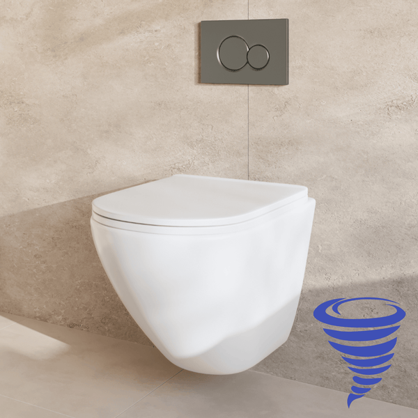 Wandhängendes WC mit WC Sitz und Betätigungsplatte an einer Fliesenwand